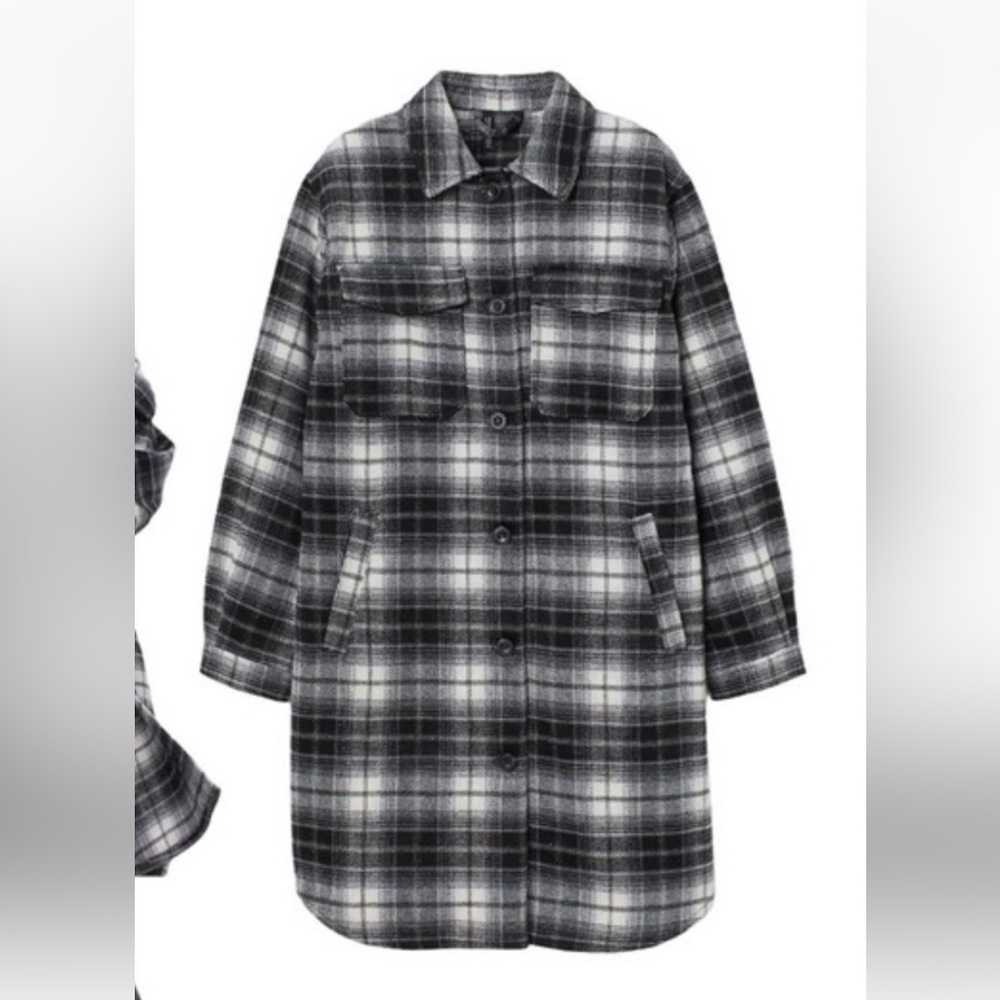 H&M Divided Black White Grey Plaid Jacket Shacket Women’s Large Buttons EUC